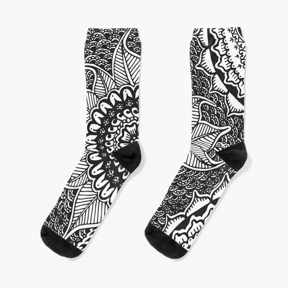 Henna Daisy || Black and White || Botanical || Abstract Socks retro christmas gift Soccer Socks Woman Men's