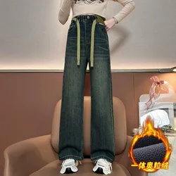 Teenagers Girls Winter Warm Thick Jeans Children Denim Wide Leg Pants Girls Scimitar Pants Kids Loose Long Trousers 5-14Years