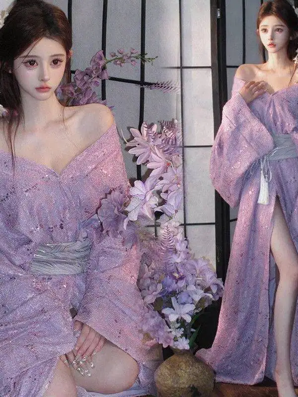 

Новое фиолетовое платье Ханьфу с пайетками и кружевом, прямая юбка, костюм для фотосессии, женский, для создания сказочной атмосферы, для студийных фотосессий, в стиле древнего Китая