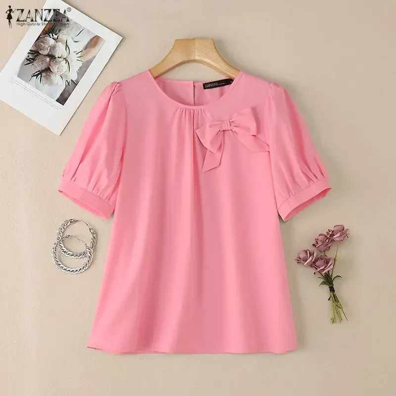 

Летняя блузка ZANZEA 2026: Элегантная офисная рубашка для женщин, с круглым вырезом, коротким рукавом, повседневная однотонная рубашка с бантом, оверсайз