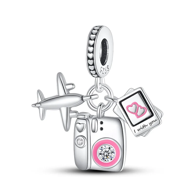 925 Sterling Silver Travel Plane Camera Charms Pendant Fit Original Bracelet DIY Women Valentine'S Day Jewelry Gift