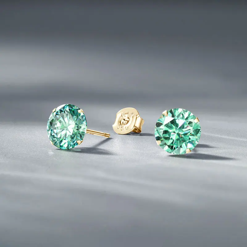 Anziw Real 14K Solid Gold Green Stud Earrings 3mm/4mm/5mm/6mm D Color Round Cut Moissanite Earrings for Women Men Couple Jewelry