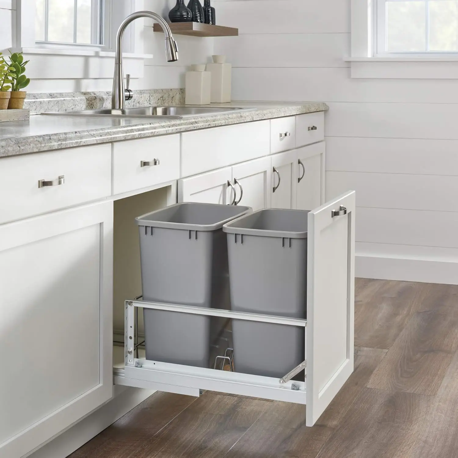 5349-18Dm-217 Double 35 Quart Kitchen Cabinet Pull Out Waste Container Storage With 2 Trash Cans And Wire Basket, Silver