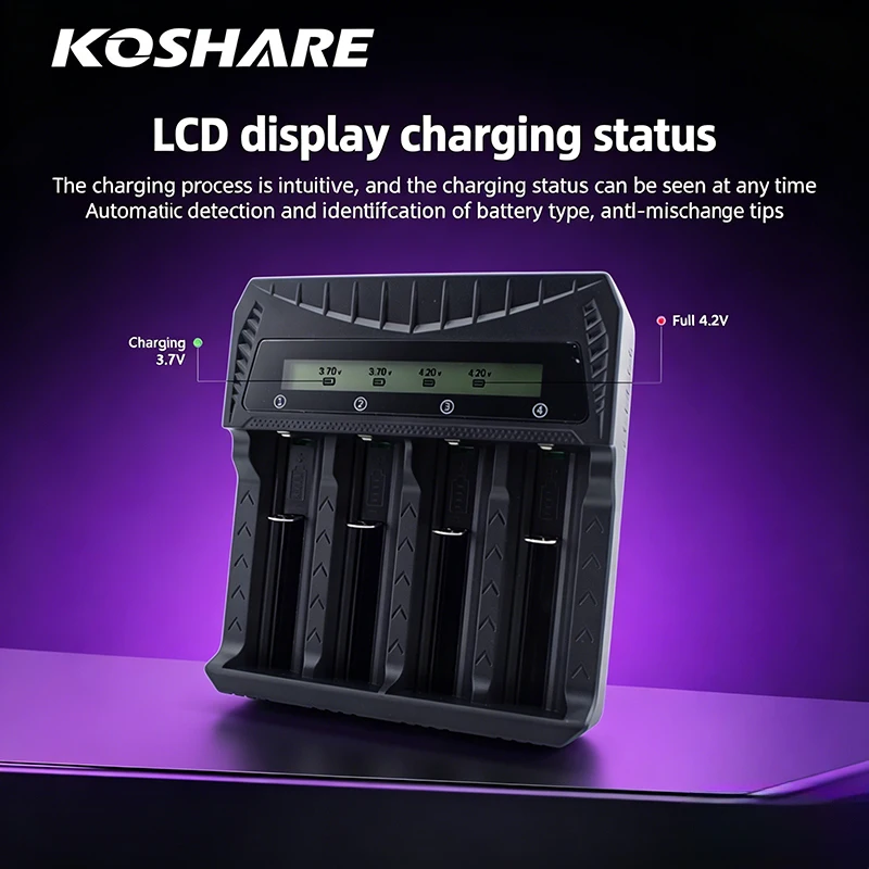 KOSHARE LCD Smart Induvidual Battery Charger 4 Slot Independent Fast Charging For 18650 Lithium Battery 1.2V Ni-MH Ni-Cd AA AAA