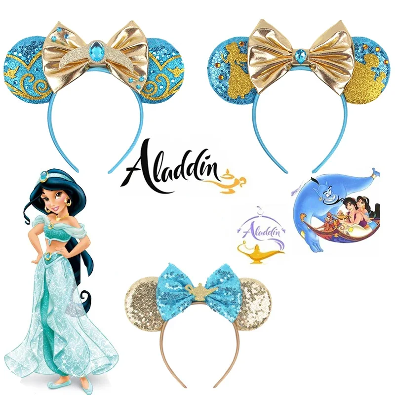 Аксессуары для волос с ушками Аладдина Диснея для женщин, повязки на голову принцессы Жасмин для девочек, бант с блестками, Джин Лампы, повязка для волос, подарок для детей Аксессуары для волос с ушками Аладдина Диснея для женщин, повязки на голову принцессы Жасмин для девочек, бант с блестками, Джин Лампы, повязка для волос, подарок для детей