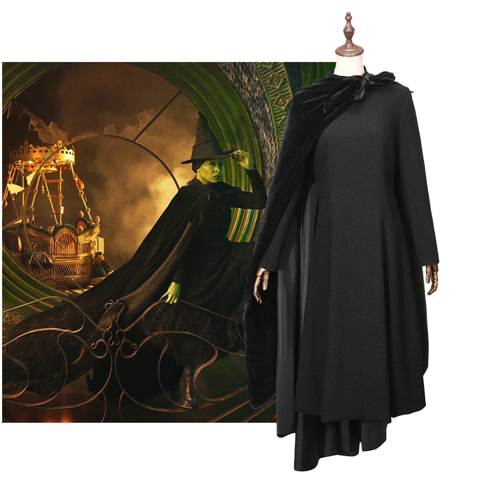 

Музыкальный костюм злой Эльба для косплея, женский костюм для косплея, черное платье, плащ, остроконечная шляпа, комплект, наряд для вечеринки на Хэллоуин