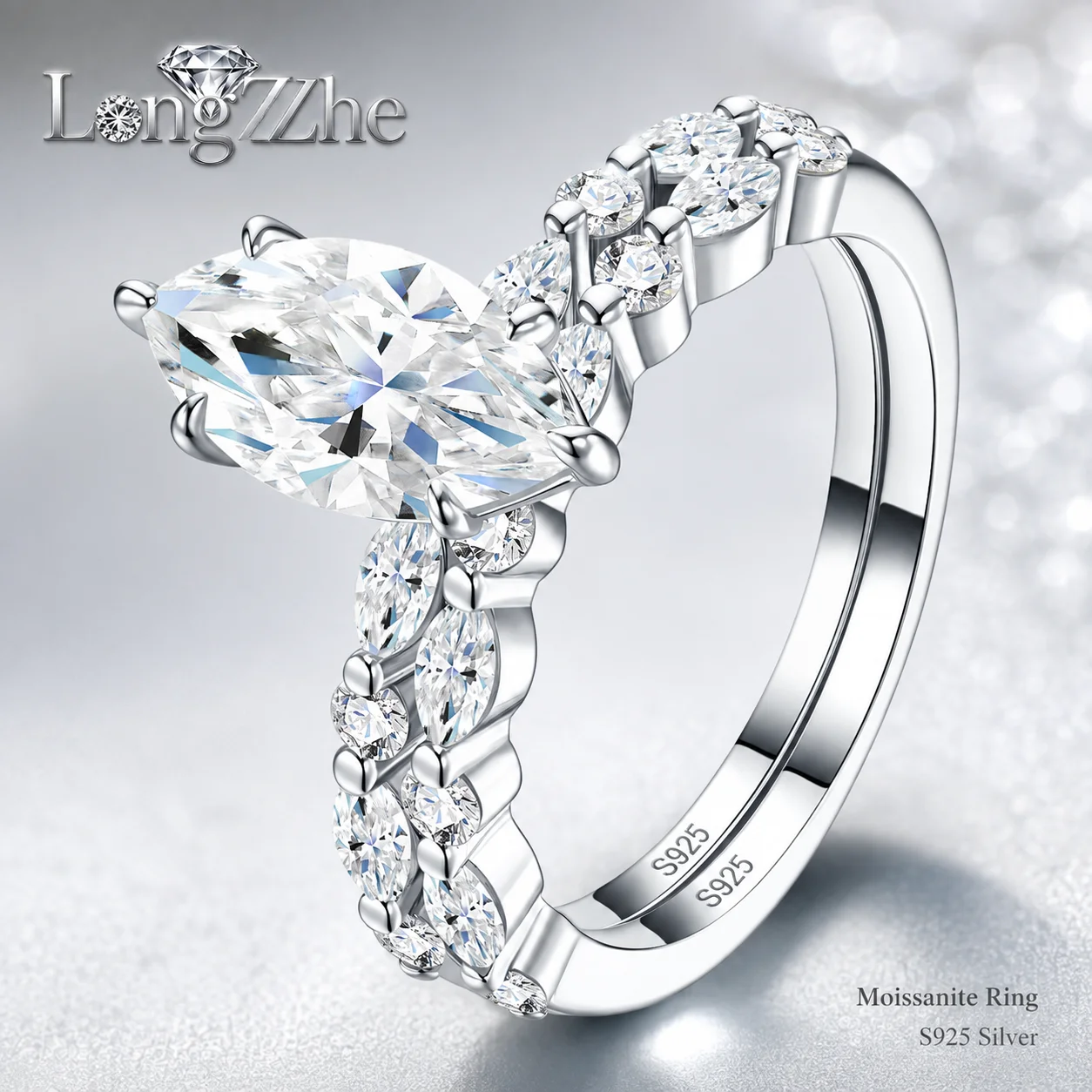 Moissanite Stackable Ring Set for Women S925 Sterling Silver 2-Piece 18-Stone 6x12mm D Color VVS1 Fine Jewelry GRA Certified