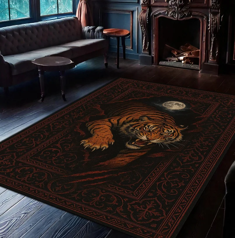 Moonlit Tiger Rug Fierce Jungle Cat Carpet, Gothic Animal Area Rug, Dark Tiger Lover Gift Wild Big Cat Rug for Living Room Decor