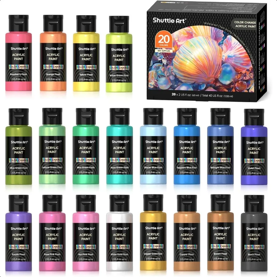 

Shuttle Art Color Change Acrylic Paint 20 Chameleon Colors Acrylic Paint 60ml 2oz Bottles Iridescent Colors for Artists Beginne
