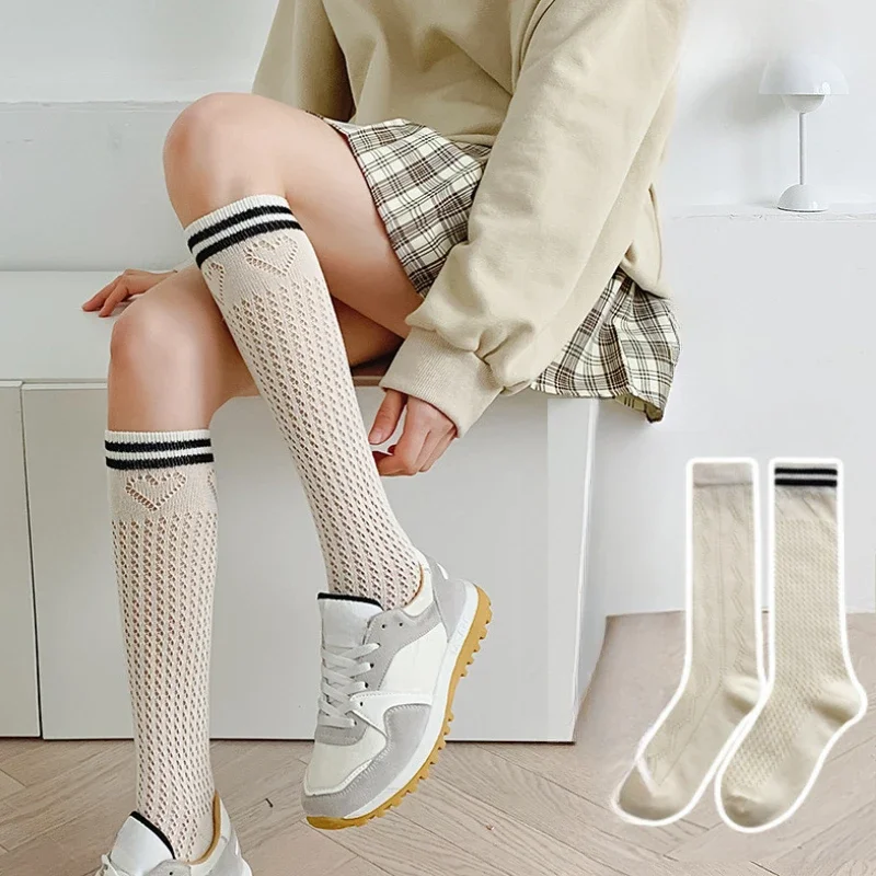 Women Beige Hollow Jk Calf Cotton Stockings Japanese College Style Heart Striped Thin Ins Trend Long Tube Sweet Designer Socks