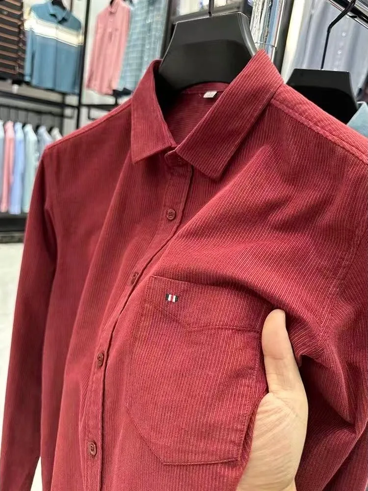 Corduroy Long Sleeve Shirt Men's Autumn New Style with Pocket Breathable Sweat Absorbent Anti-Wrinkle Youth Shirt Standard Fi...