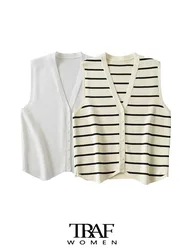 TRAF Women Fashion Striped Knit Vest Sweater Vintage Sleeveless Button-up Female Outerwear Chic Vest Tops