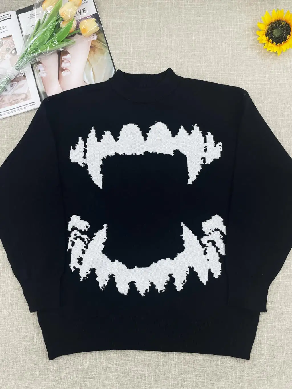 Herren Punk Gothic Langarm lose Pullover Hip Hop Retro Pullover lässig gestrickte Pullover Damen Y2k Streetwear schwarzen Pullover