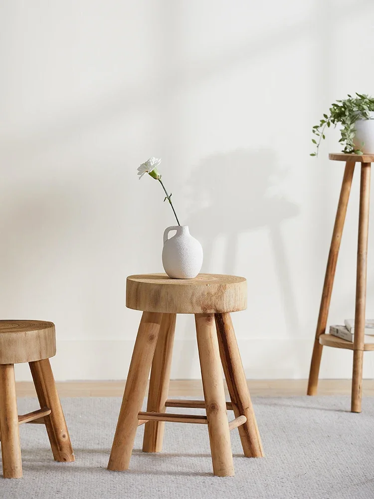 Solid wood charcoal burned chairs, retro vintage round stools, household low stools, Nordic minimalist, unpainted benches