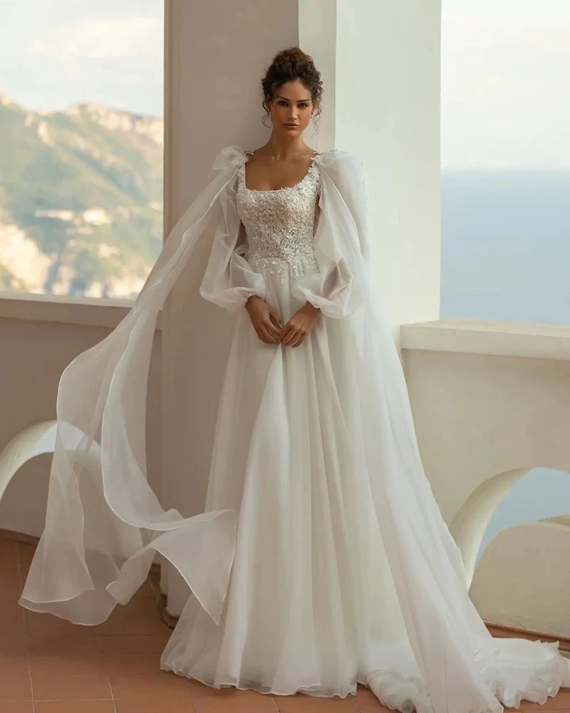 

Classic Wedding Dresses A-Line Tulle Bridal Gowns Lace Appliques Square Collar Robes Long Puff Sleeves Vestidos De Novia 2024