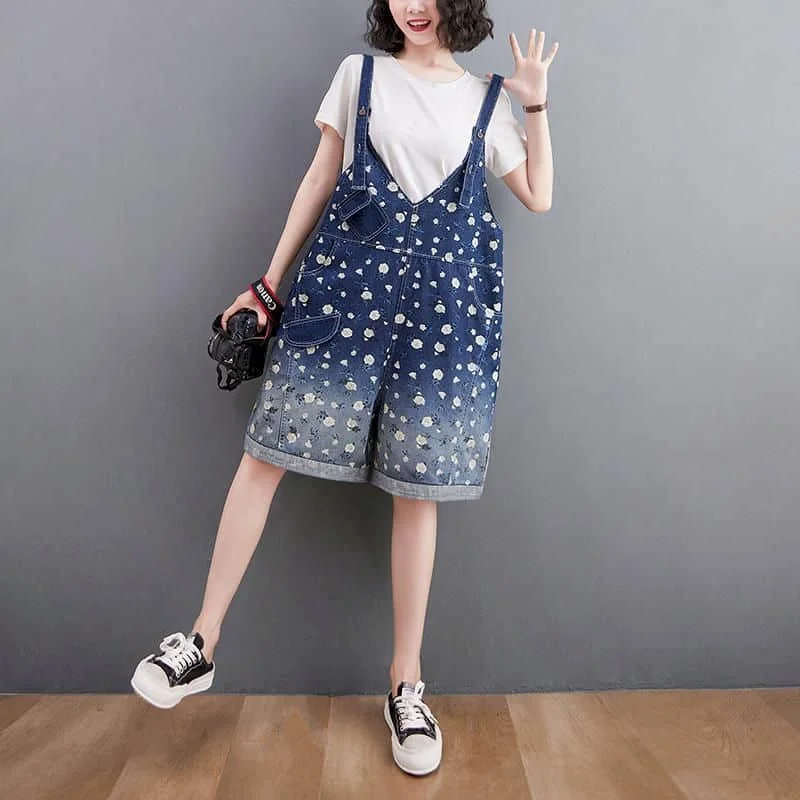 

Denim Jumpsuits Korean Style One Piece Outfit Casual Print Wide Leg Shorts Summer Clothing for Women High Waisted Cropped Jeans
