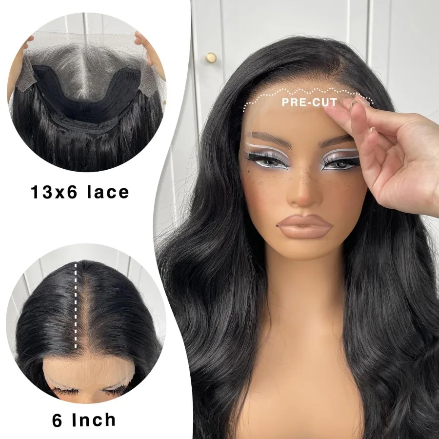 13x6 leimlose Lace-Front-Perücke, vorgezupft, synthetische lange gewellte HD-Lace-Front-Perücke, schwarze gewellte Perücke mit natürlichem Haaransatz für Dai