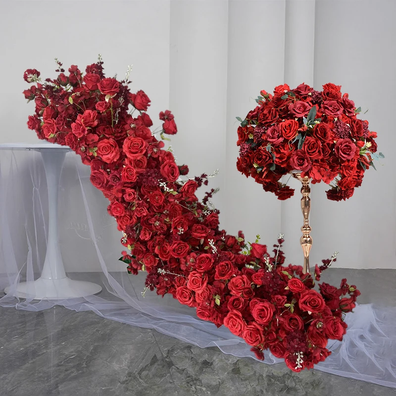 Red Wedding Backdrop Decor Floor Flower Runner Event Table Centerpieces Ball White Rose Floral Strip Arrangement Party Props