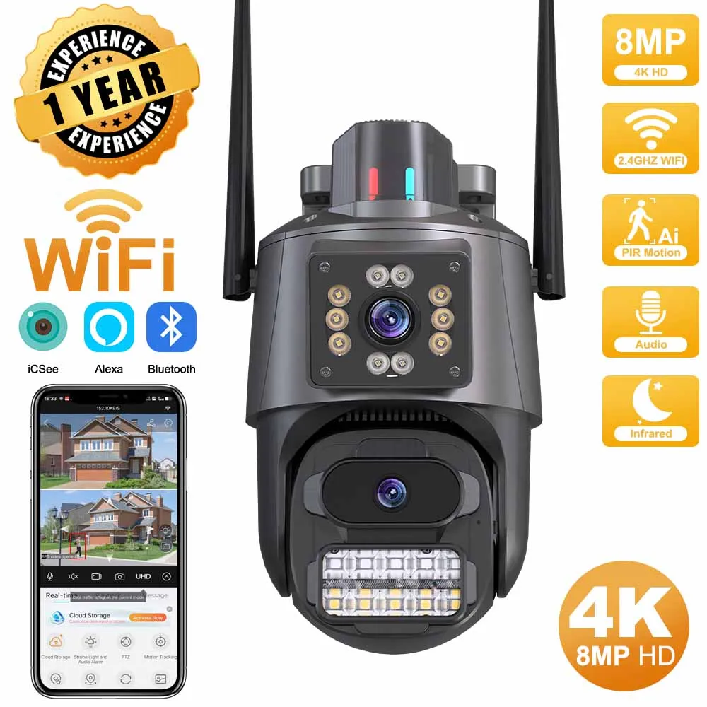 Kamera WIFI 4K HD z podwójnym obiektywem Kamera PTZ z podwójnym ekranem 2K Zewnętrzna kamera bezpieczeństwa z automatycznym śledzeniem Wodoodporny nadzór ICSEE
