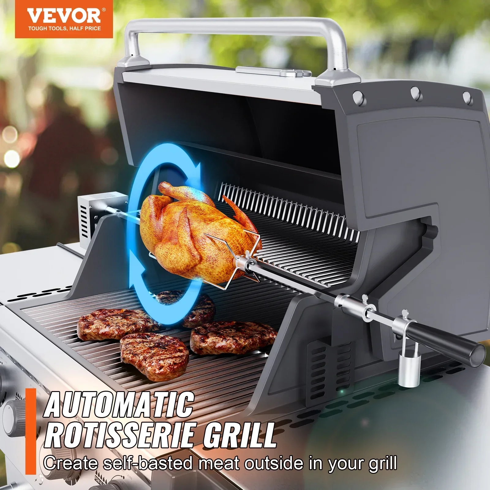 VEVOR Universal Grill Rotisserie Kit เตาย่างบาร์บีคิวไฟฟ้าพร้อมมอเตอร์ 9W, สแตนเลสสตีลชุดย่างอัตโนมัติ, ก้าน Spit หกเหลี่ยม