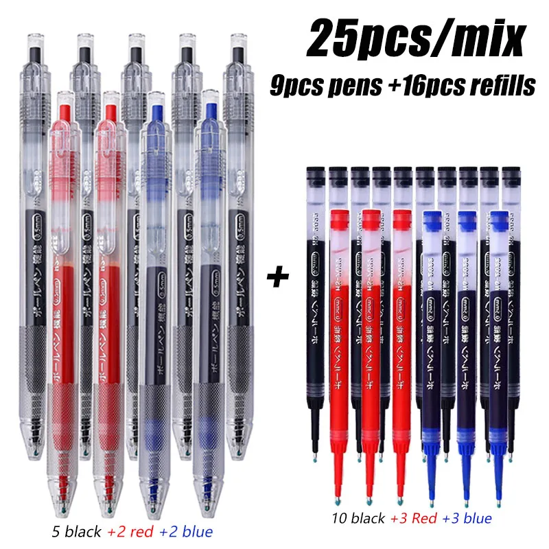 

25 шт./смешанная выдвижная гелевая ручка 0,5 мм, 3 цвета, черные/красные/синие сменные стержни для ручек, подходят для школьных канцелярских принадлежностей