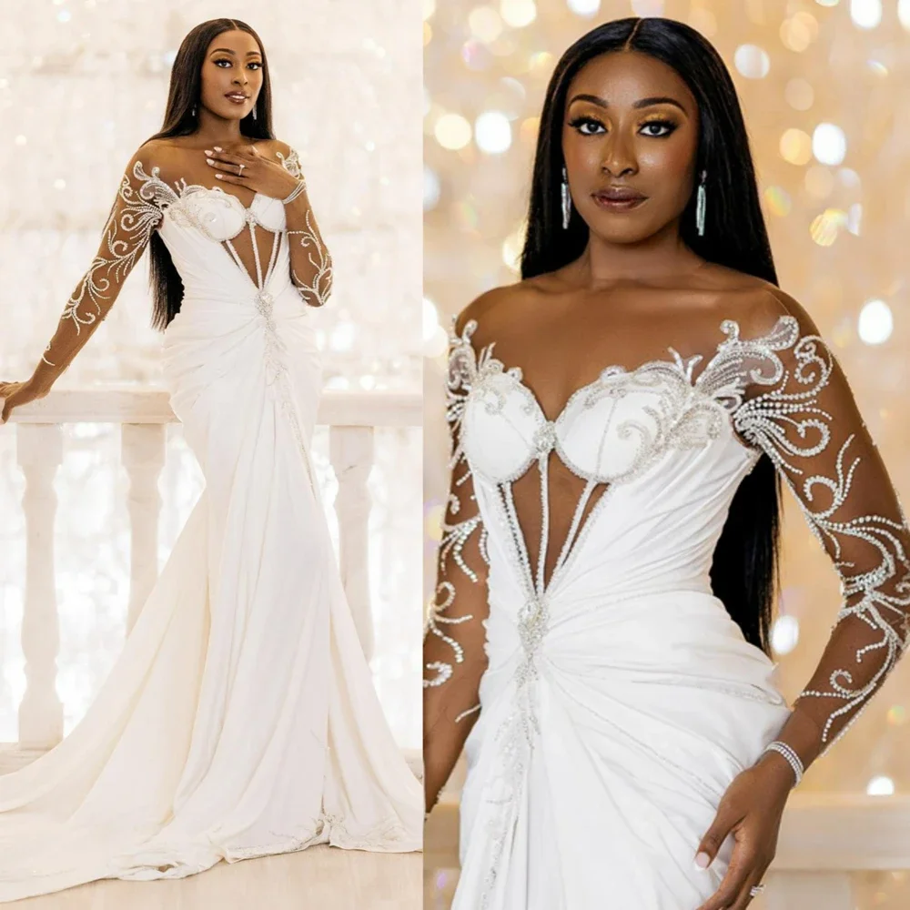 Personalizado colher pescoço brilhante contas vestido de casamento para noiva vestidos de novia mangas compridas elegante casamento trompete vestidos de noiva