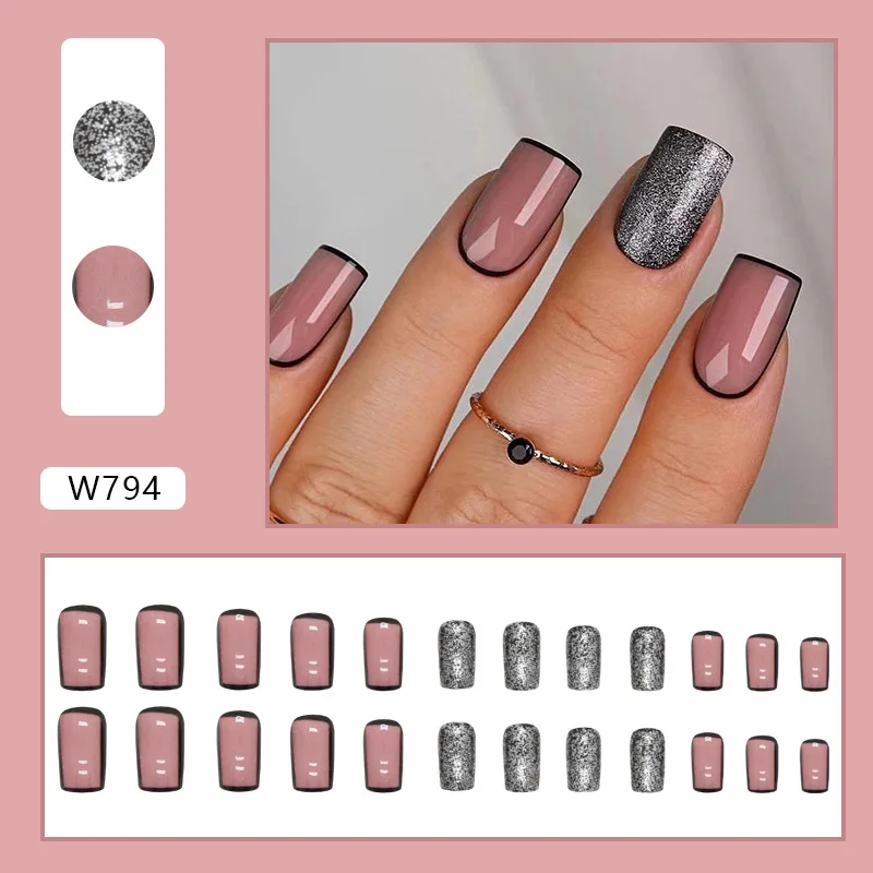 24 peças de unhas de pressão rosa glam-borda de glitter preta formato quadrado médio (multi tamanhos) unhas falsas com ferramentas de uso