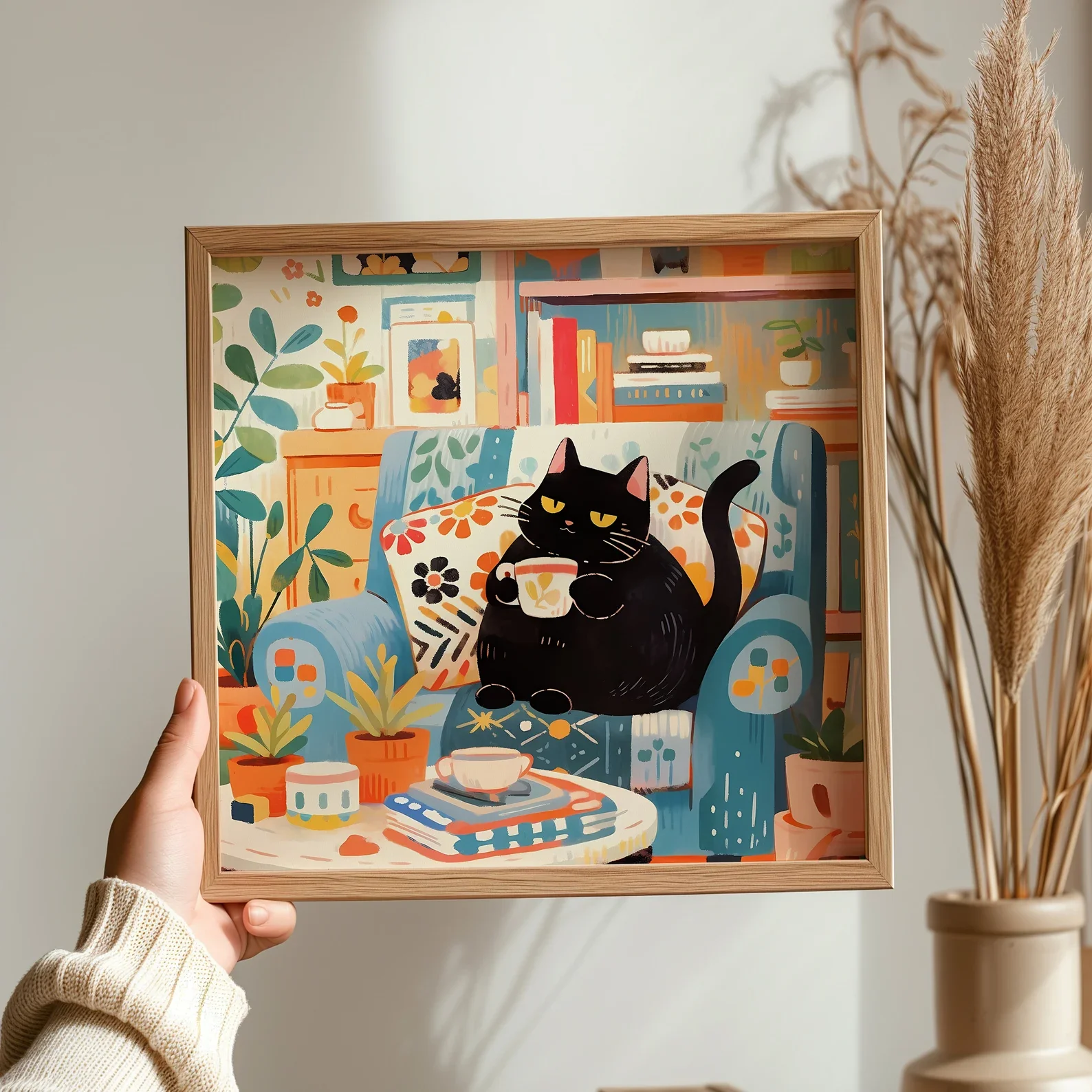 Lovely Cat Print of Coffee Drinking Cute Cat Painting of Cafe Cat Mom Gift for Cat Parent Christmas Gift of Cat Wall Art of Cute