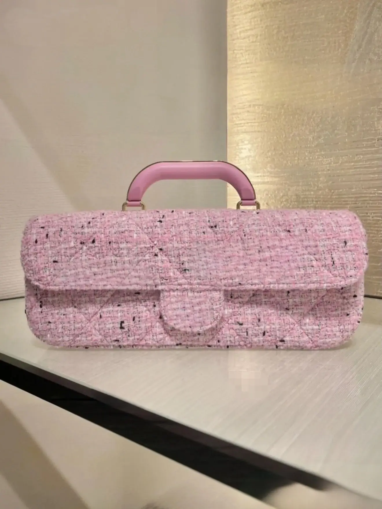 

Luxury Bag Pink Tweed Flap Crossbody Bag with Top Handle, Quilted Chain Shoulder Purse, Luxury Designer Inspired Women's Handbag