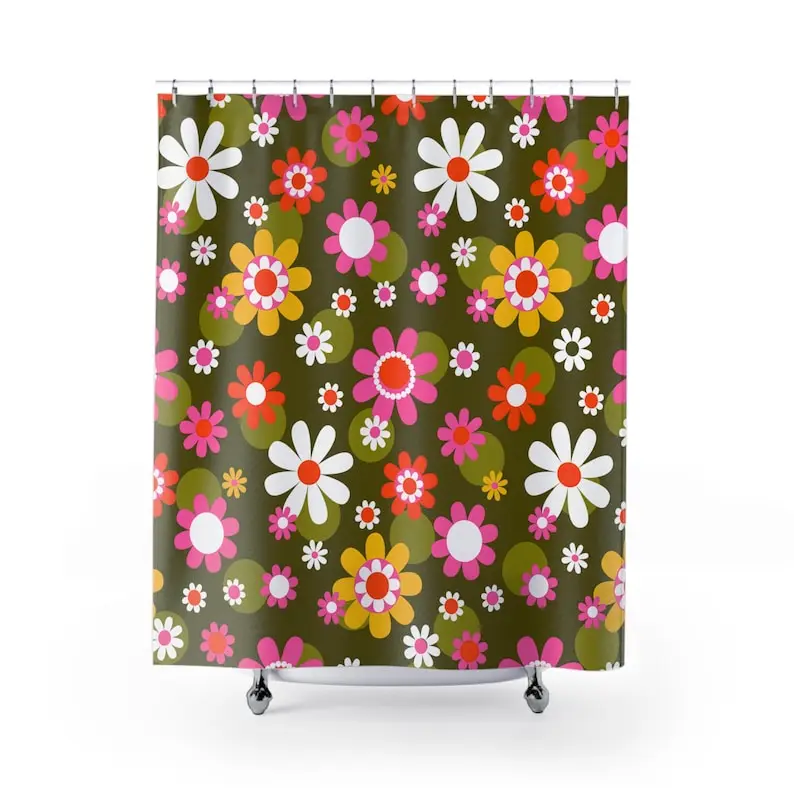 Groovy Hippie Daisy Flower Power Shower Curtain, Retro Mid Century Modern Bathroom Decor