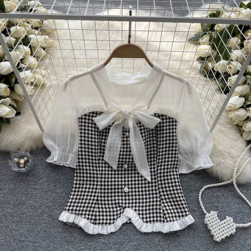 

Vintage Shirt Summer Bow Mesh Splice Slim Fit Puff Sleeve Sweet Top Women blusa feminina blouses