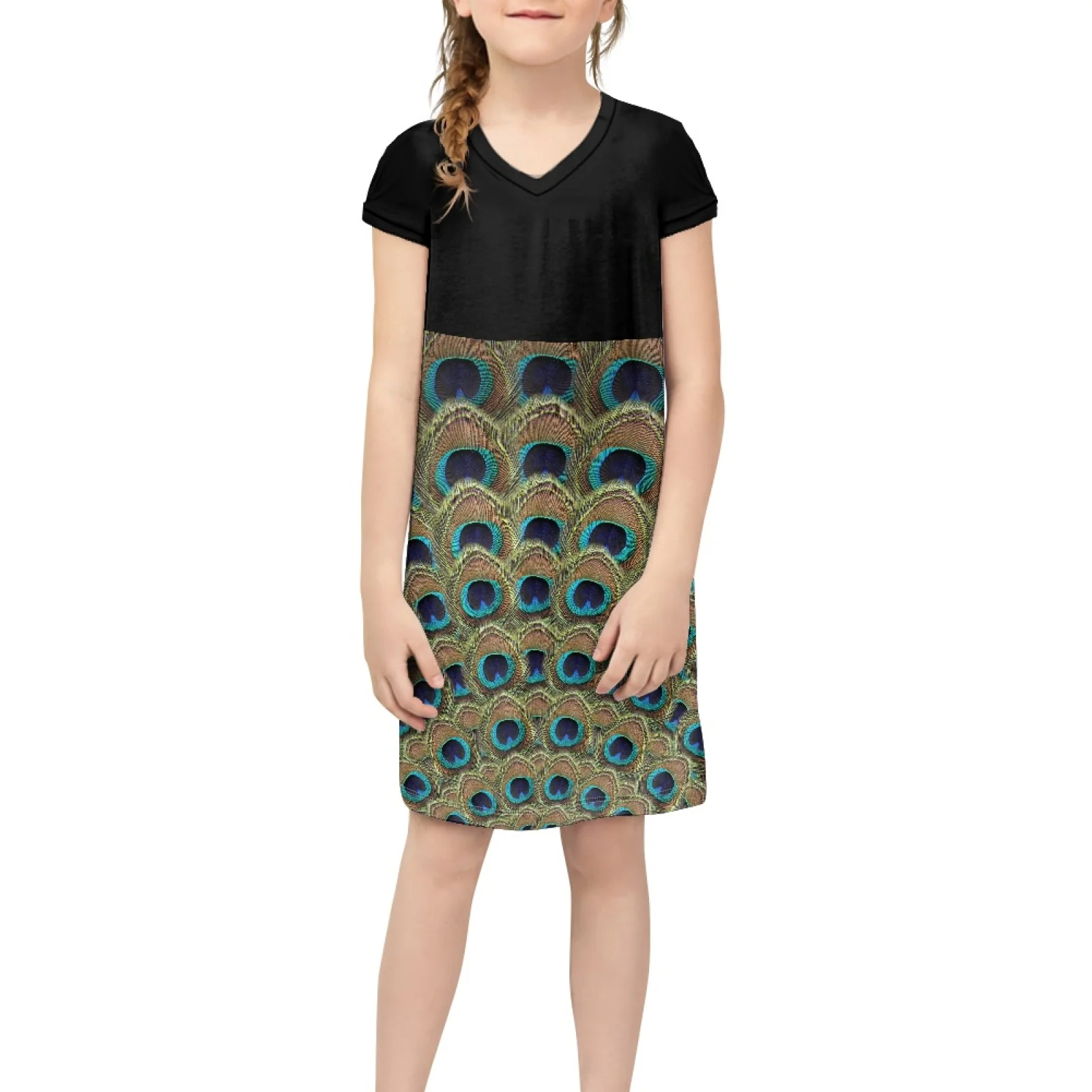 Farbe Feder druck Mädchen Prinzessin Kleid polynesische kurz ärmel ige V-Ausschnitt Kleider girly Kleidung Sommer Tops T-Shirts und Röcke