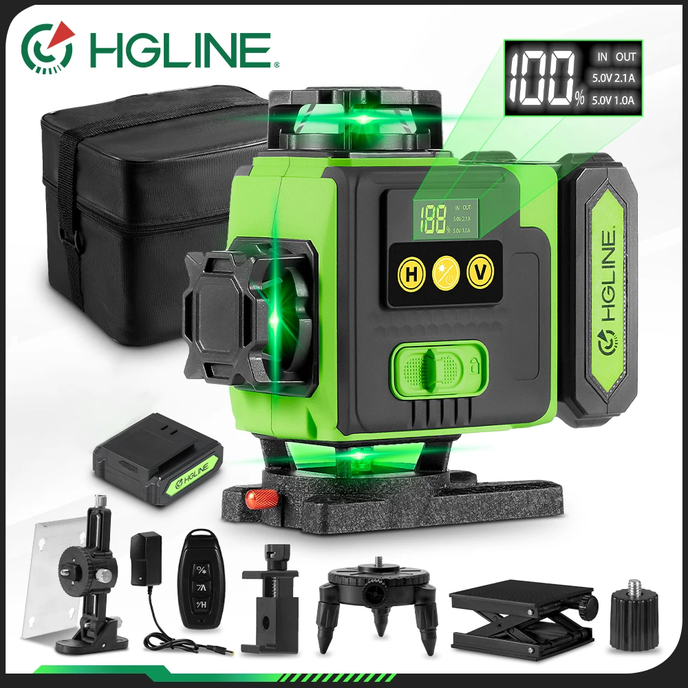 HGLINE 4D Green Laser Level 16 Lines Rotatable Level Machine Rechargeable 360 Automatic leveling Tool With APP Remote Control