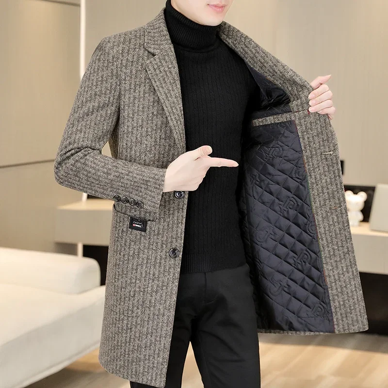 

LIBIELIY Business Casual Men's Mid-Length Woolen Coats 2025 Winter Warm Striped Overcoat Outwear Cotton-Thicken Liner Windbreake
