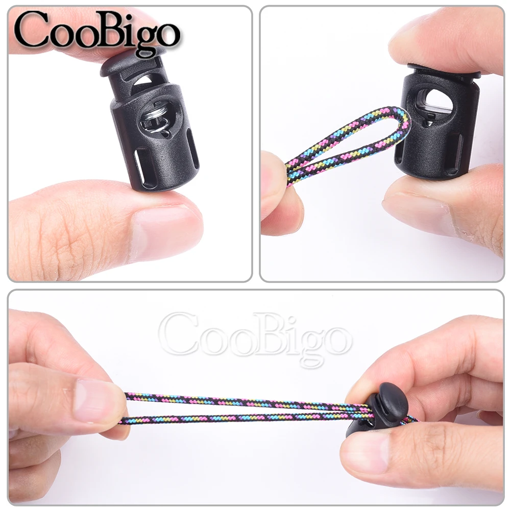 50pcs Plastic Cord Lock Stopper Spring Toggle Clip Clamp for Paracord Drawstring Rope Lanyard Shoelace Clothes Black Single Hole