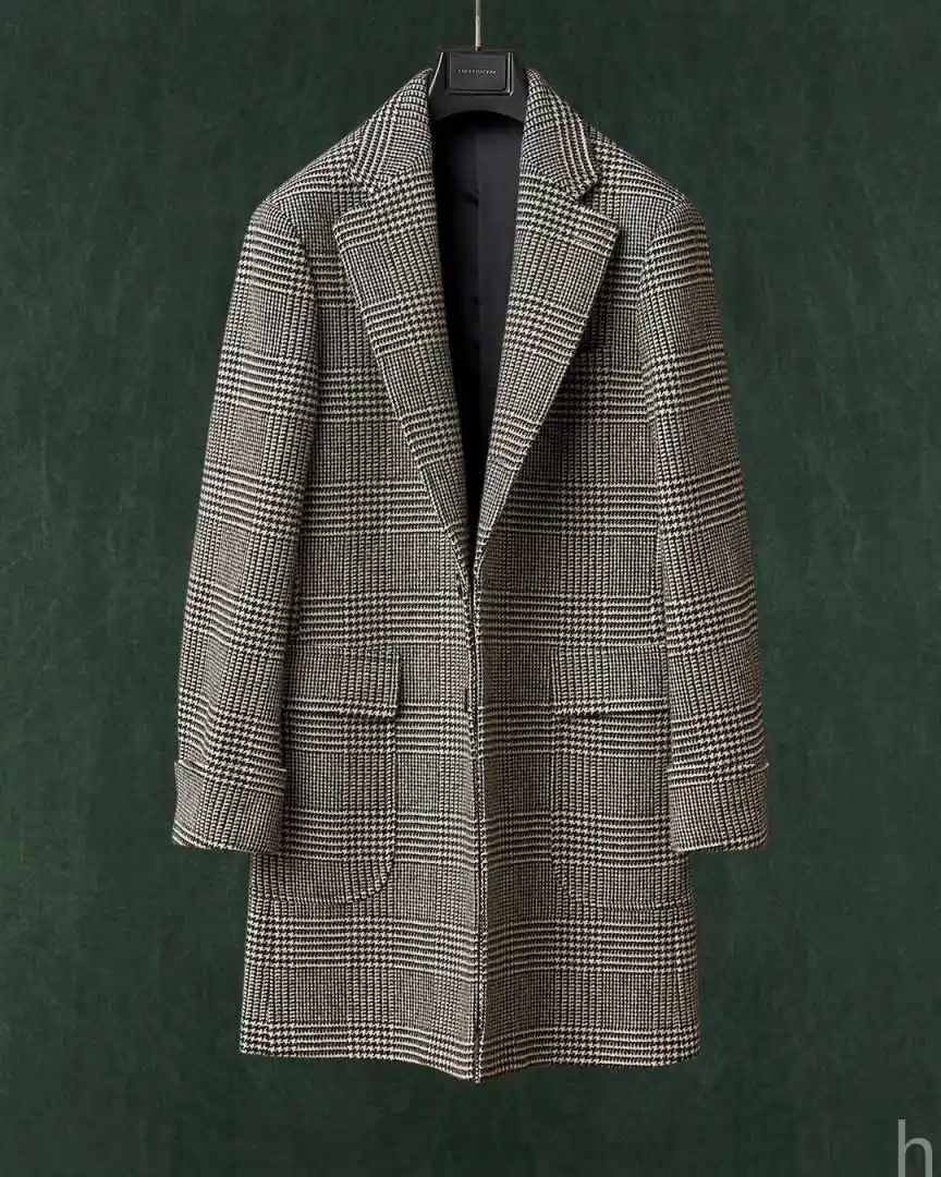 Premium Check Tweed Men Overcoat Lapel Collar Loose Silhouette Outercoat For Winter Commute Party Gathering Customized