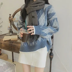 Autumn Winter argyle printing Sweater Women's O-neck casual loose long sleeve Pullover Women y2k Tops Knitwear Trending Sweaters