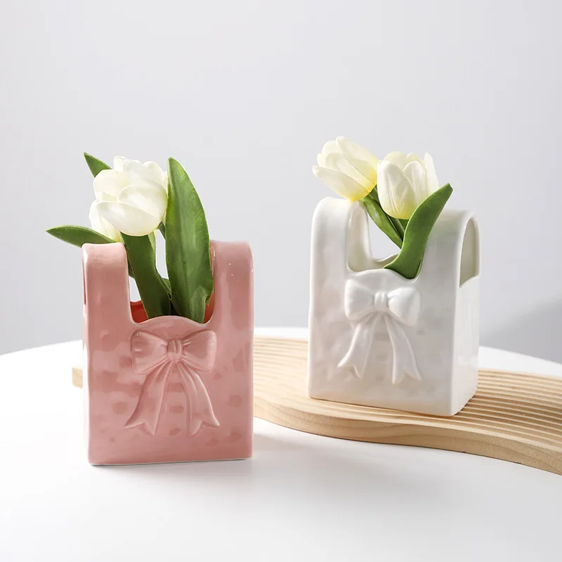 European-style Ceramic Tote Bag Flower Arrangement Container Bow Vase Ornament Living Room Dining Table Bag Vase Birthday Gift