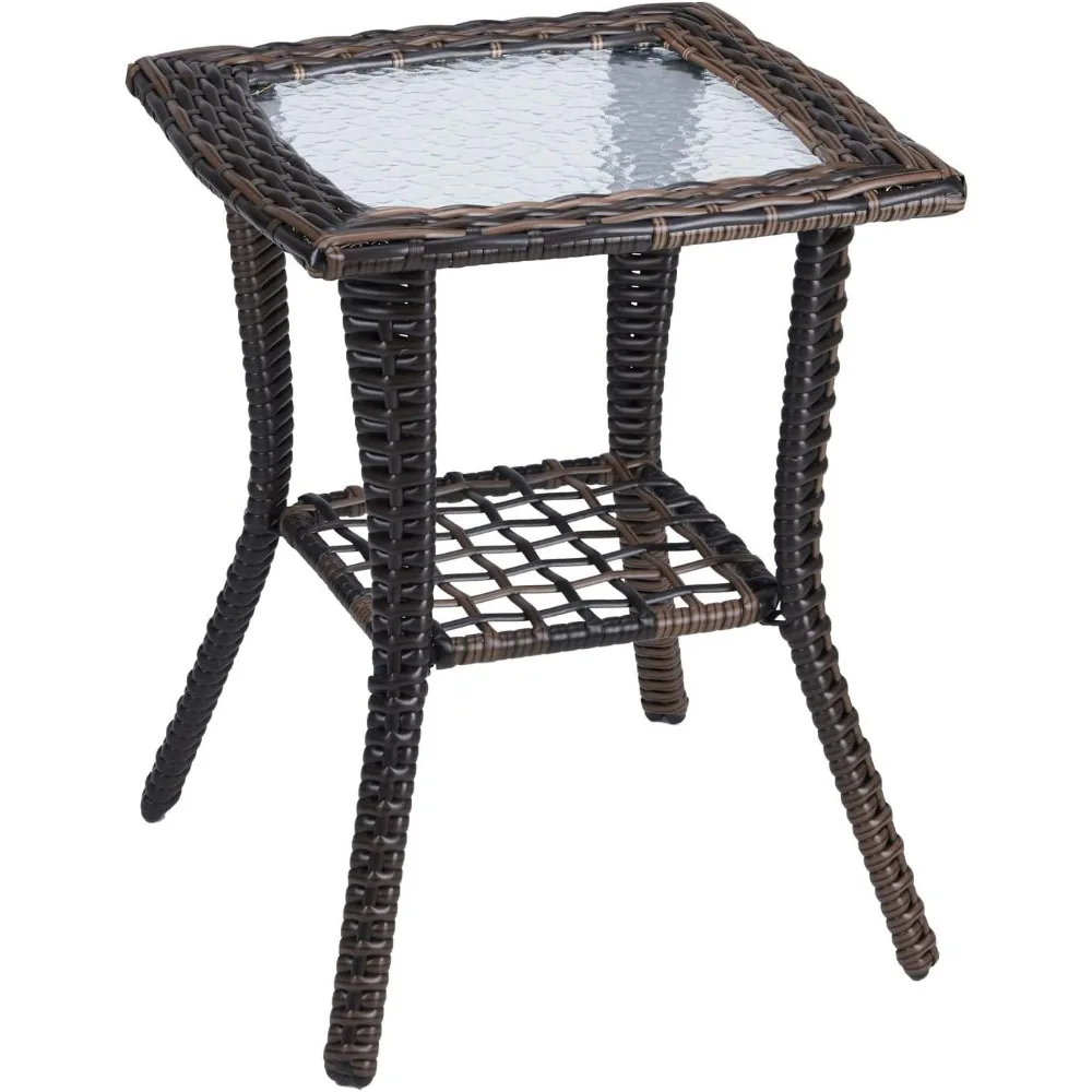 VINGLI Outdoor Side Table with Storage Wicker Patio Side Table, Tempered Glass Top End Table for Balcony Porch Deck (Brown)
