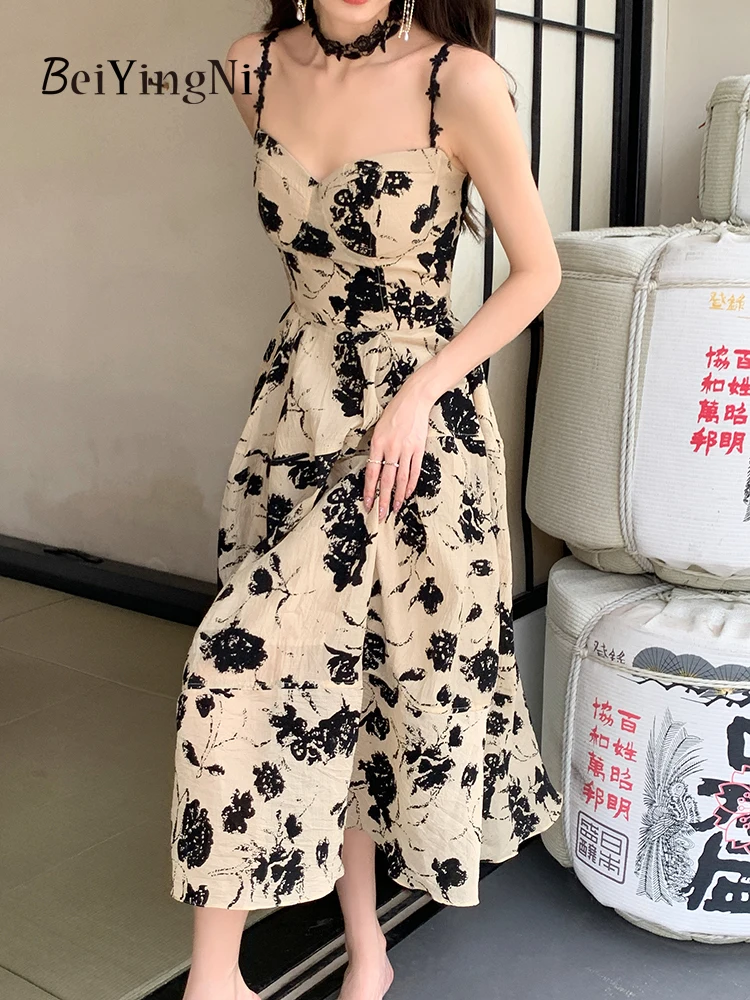 Beiyingni Summer Vintage Elegant Spaghetti Strap A-line Dresses for Women Floral Printed Korean Chic Fashion Party Dress Ladies