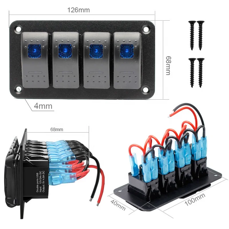 4-Gang Rocker Switch Panel 5-Pin On Off Toggle Switch Aluminum Holder 12V 24V Dash Pre-Wired Red Backlit Switches