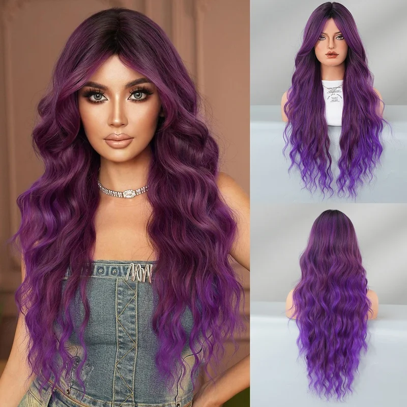Monet purple  gradient long curly hair big waves naturally fluffy full head