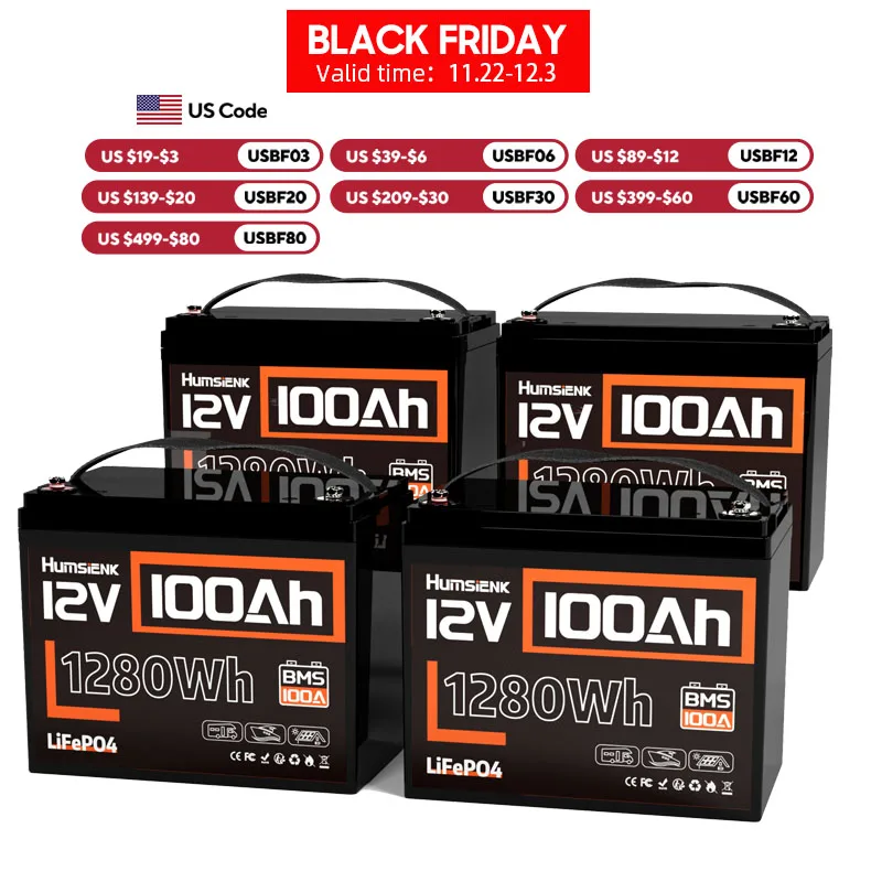 4 Pack 12.8V 100Ah High-Capacity LiFePO4 Lithium Battery 50000+ Cycles Perfect for Backup Power, RV, Camping, and Off-Grid