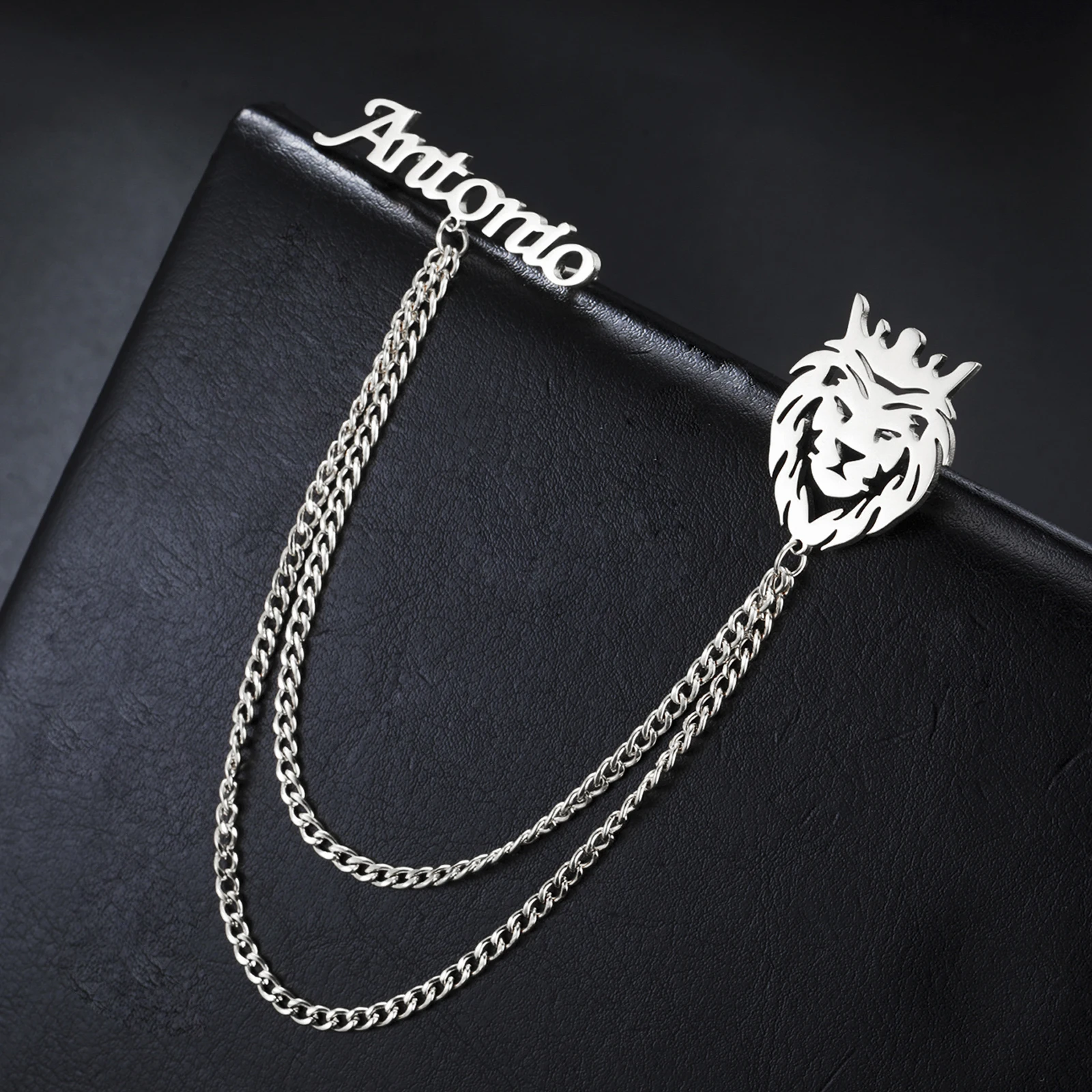 

COOLTIME Custom Name Lion Brooches Stainless Steel Personalized Tassel Chain Lapel Pin Suit Shirt Fashion Clothing Accessories