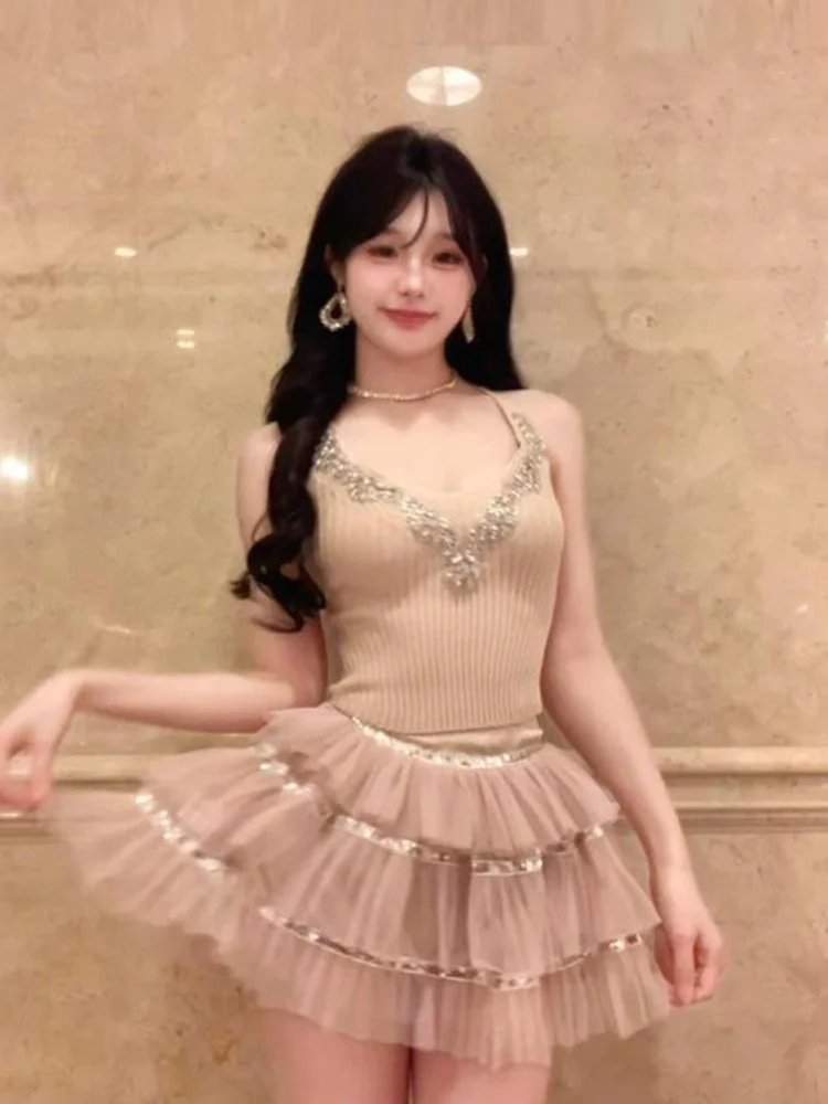 

XZY Heavyweight Sweet Miss V-ne Strap Top Women Summer Puffy Skirt Set Korean Sle High Waist A-line ort Skirt