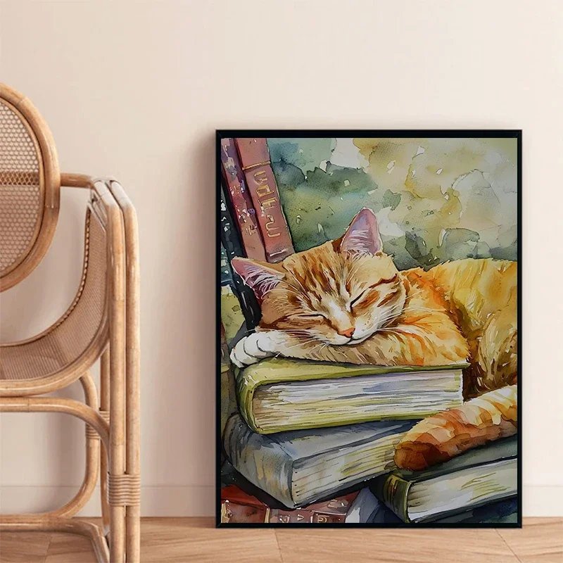 Cute Cat and Book Poster Vintage Bookish Stack Books Canvas Painting Print Wall Art Picture for Dark Academia Library Home Decor