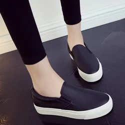 Solid Leather Women Shoes New Fashion Black Loafers Shoes Woman Shallow Slip On Single Vucanized Shoes Casual Shoes Female