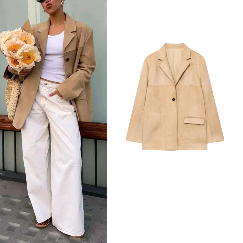 

New Autumn Women's Casual Style Two-Button Long Sleeve Loose Suede Vestment Coat Flip Collar Polyester Fiber Casual Scene