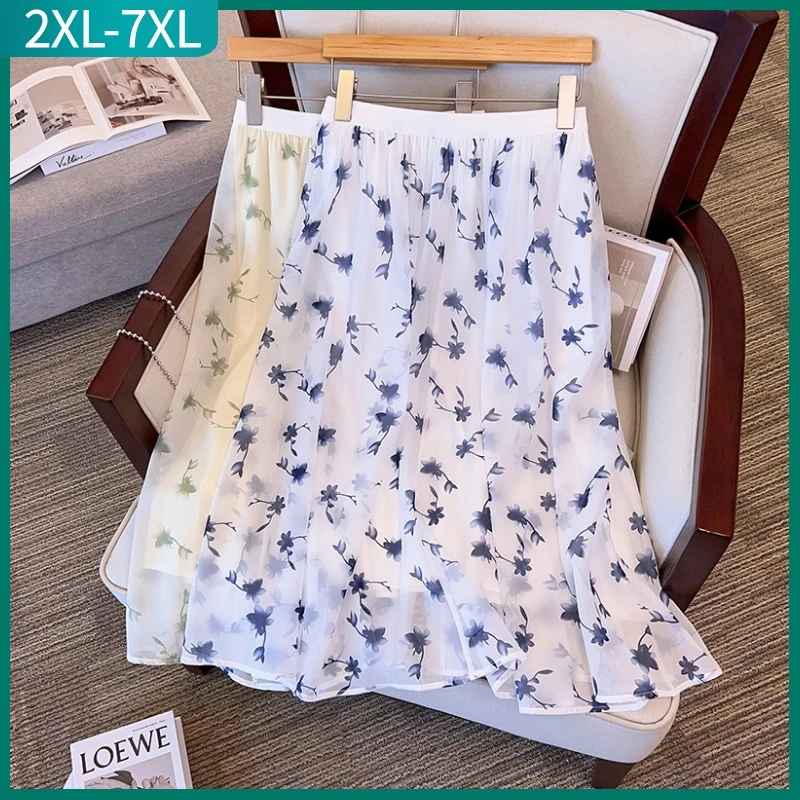 New Ladies 2023 Summer Plus Size Long Skirt For Women Large Loose Casual White Print Chiffon Pleated Skirt 3XL 4XL 5XL 6XL 7XL