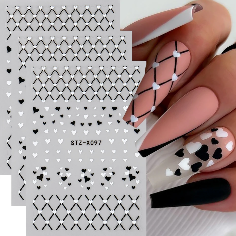 2/3개 블랙 화이트 러브 하트 네일 스티커 데칼 그리드 라인 프렌치 팁 발렌타인 네일 아트 데칼 슬라이더 포일 매니큐어 장식
